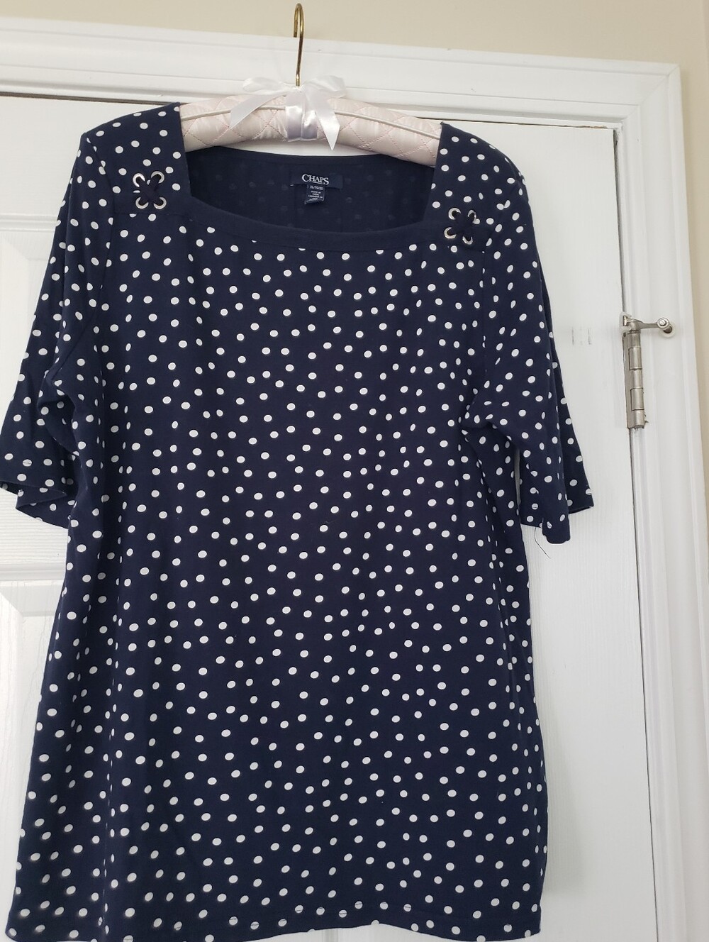 Chaps Navy and White Polka Dot Shirt with Eyelet Accent